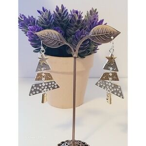 Handmade Mixed Metal Christmas Tree Dangle Earrings Silver Gold Tone